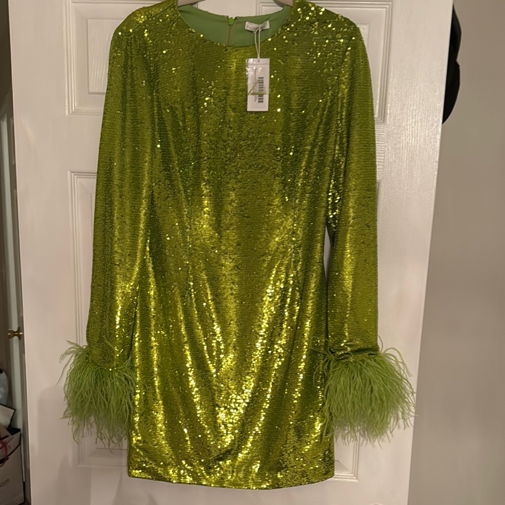 Green Sequin Dress with Feather Cuffs